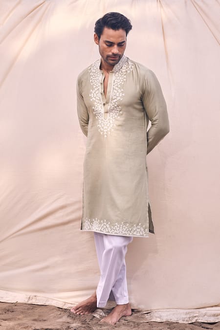 Buy_Kaaj Button X AZA_Green Chanderi Silk, Cotton Applique Placement Embroidered Kurta Set 