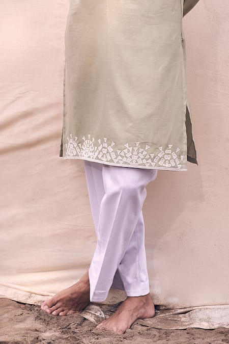 Shop_Kaaj Button X AZA_Green Chanderi Silk, Cotton Applique Placement Embroidered Kurta Set 