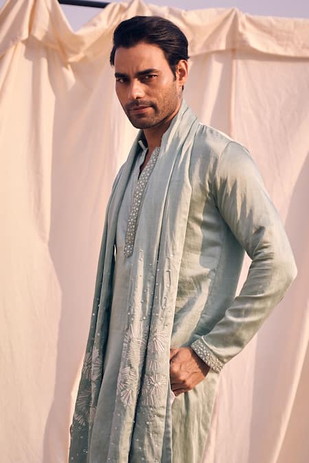 Buy_Kaaj Button X AZA_Green Cotton, Satin Embroidery, Mirrors Placket Kurta Set _Online_at_Aza_Fashions