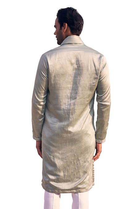 Shop_Kaaj Button X AZA_Green Cotton, Satin Embroidery, Mirrors Placket Kurta Set _Online_at_Aza_Fashions