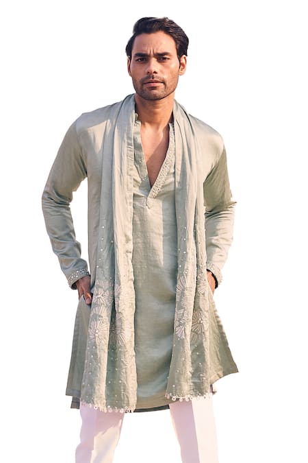 Kaaj Button X AZA_Green Cotton, Satin Embroidery, Mirrors Placket Kurta Set _at_Aza_Fashions