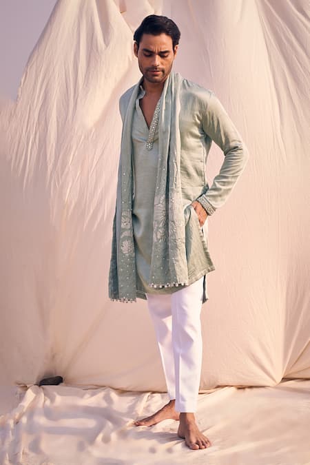 Buy_Kaaj Button X AZA_Green Cotton, Satin Embroidery, Mirrors Placket Kurta Set 