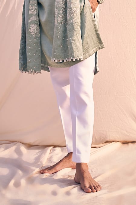 Shop_Kaaj Button X AZA_Green Cotton, Satin Embroidery, Mirrors Placket Kurta Set 