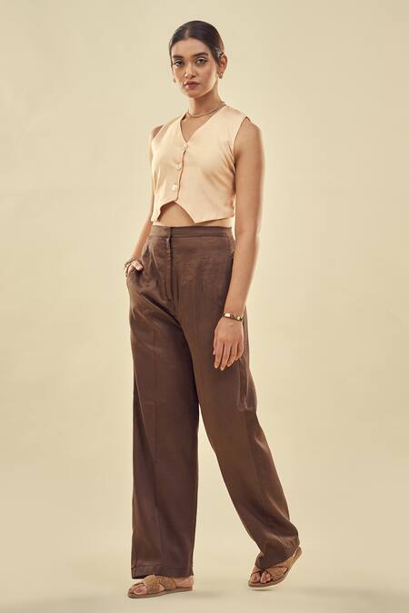 Shop Affroz Beige Cotton Satin, Silk V-neck Muslin Waistcoat And Trouser Set Online at Aza Fashions Shop_Affroz_Beige Cotton Satin, Silk V-neck Muslin Waistcoat And Trouser Set _Online_at_Aza_Fashions