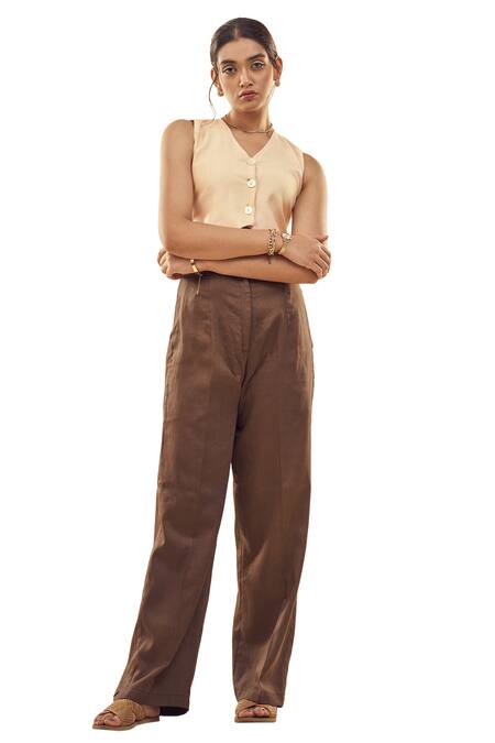 Affroz Beige Cotton Satin, Silk V-neck Muslin Waistcoat And Trouser Set at Aza Fashions Affroz_Beige Cotton Satin, Silk V-neck Muslin Waistcoat And Trouser Set _at_Aza_Fashions