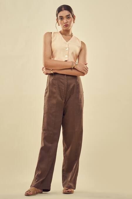 Buy Affroz Beige Cotton Satin, Silk V-neck Muslin Waistcoat And Trouser Set Buy_Affroz_Beige Cotton Satin, Silk V-neck Muslin Waistcoat And Trouser Set