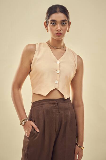 Shop Affroz Beige Cotton Satin, Silk V-neck Muslin Waistcoat And Trouser Set Shop_Affroz_Beige Cotton Satin, Silk V-neck Muslin Waistcoat And Trouser Set