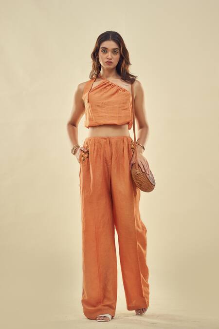AFFROZ Orange Viscose Linen One-shoulder Crop Top And Trouser Set