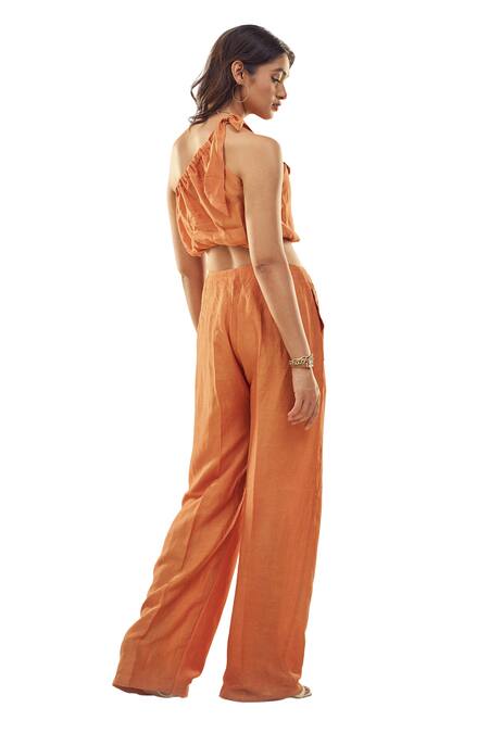 Buy_Affroz_Orange Viscose, Linen Embroidery One Shoulder Crop Top And Trouser Set _Online_at_Aza_Fashions