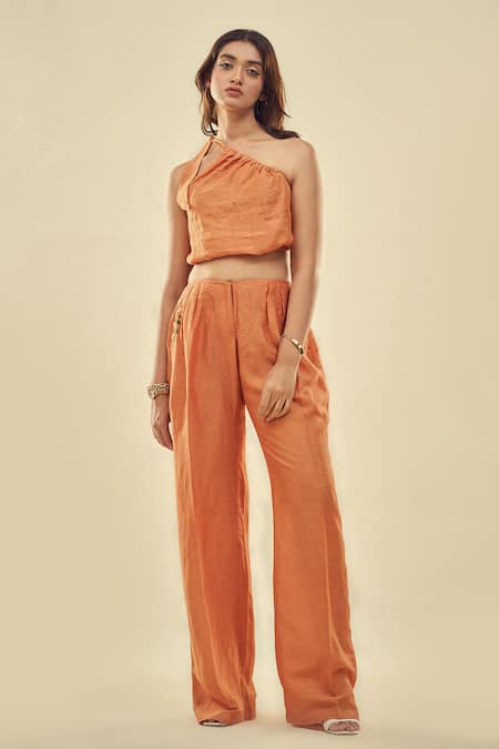 Shop_Affroz_Orange Viscose, Linen Embroidery One Shoulder Crop Top And Trouser Set _Online_at_Aza_Fashions