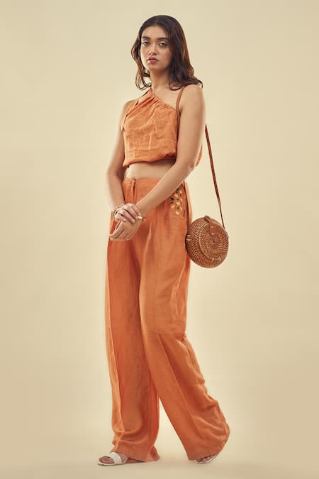 Affroz_Orange Viscose, Linen Embroidery One Shoulder Crop Top And Trouser Set _at_Aza_Fashions
