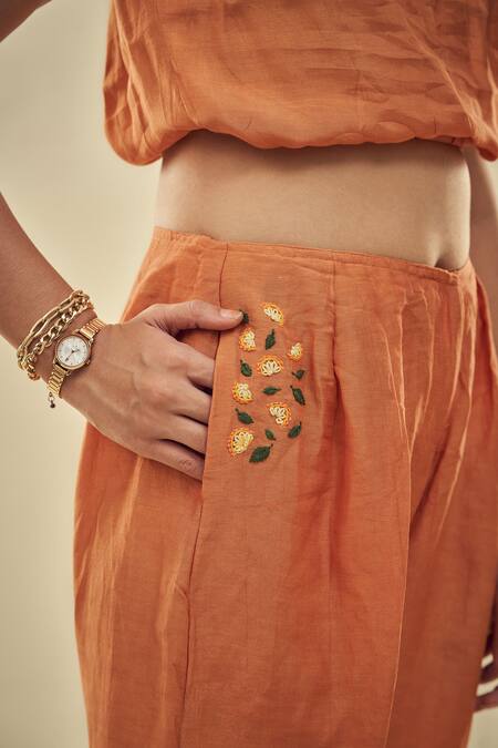 Shop_Affroz_Orange Viscose, Linen Embroidery One Shoulder Crop Top And Trouser Set 
