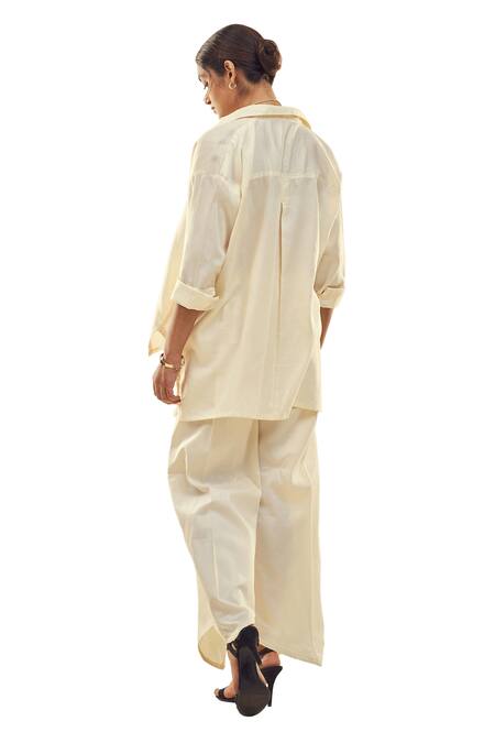 Buy_Affroz_Off White Cotton Satin Collared Button Down Shirt And Trouser Set _Online_at_Aza_Fashions