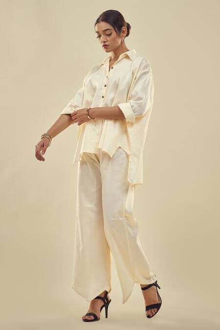Shop_Affroz_Off White Cotton Satin Collared Button Down Shirt And Trouser Set _Online_at_Aza_Fashions