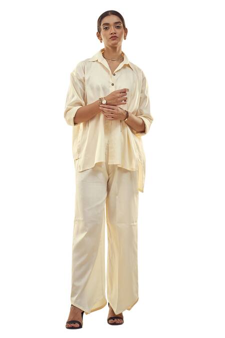 Affroz_Off White Cotton Satin Collared Button Down Shirt And Trouser Set _at_Aza_Fashions