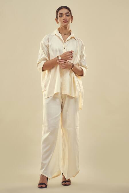 Buy_Affroz_Off White Cotton Satin Collared Button Down Shirt And Trouser Set 