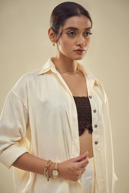 Shop_Affroz_Off White Cotton Satin Collared Button Down Shirt And Trouser Set 