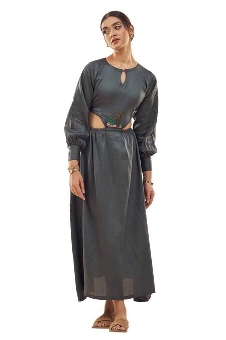 Buy_Affroz_Grey Cotton Satin Embroidery Round Neck Cutout Maxi Dress _Online_at_Aza_Fashions