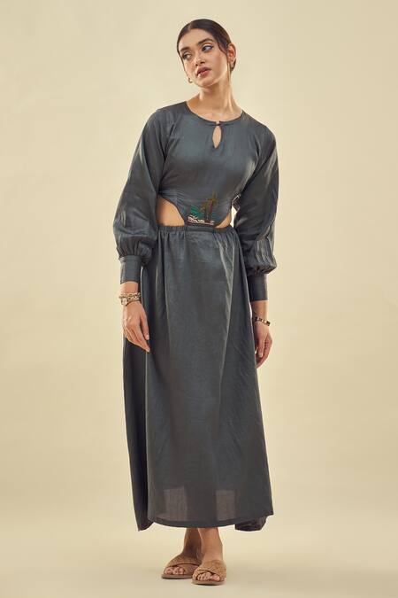 Shop_Affroz_Grey Cotton Satin Embroidery Round Neck Cutout Maxi Dress _Online_at_Aza_Fashions