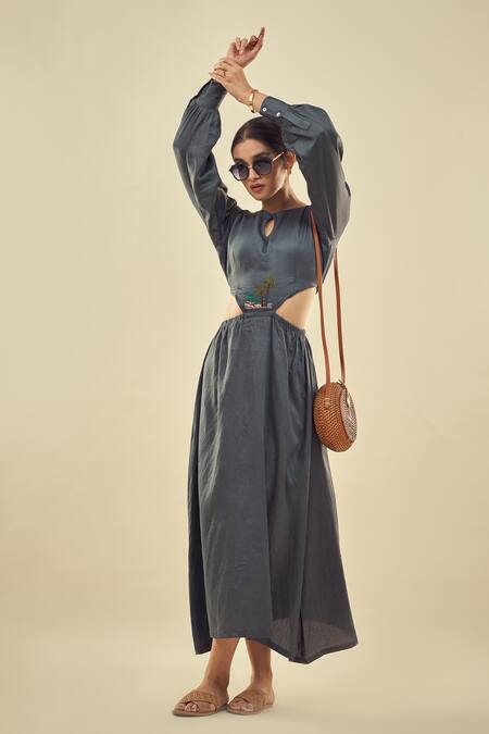 Affroz_Grey Cotton Satin Embroidery Round Neck Cutout Maxi Dress _at_Aza_Fashions