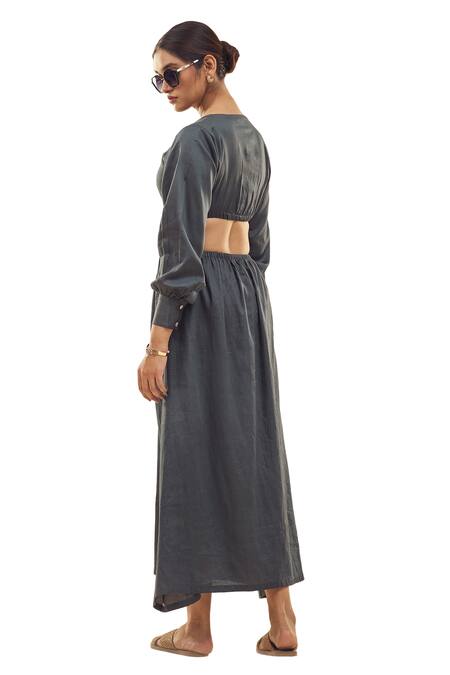 Buy_Affroz_Grey Cotton Satin Embroidery Round Neck Cutout Maxi Dress 