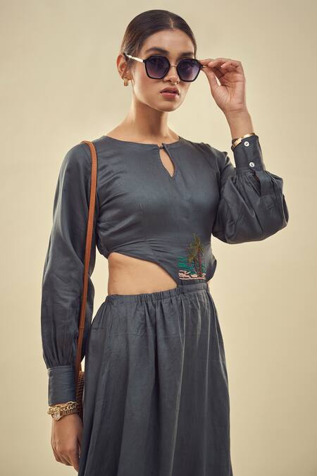 Shop_Affroz_Grey Cotton Satin Embroidery Round Neck Cutout Maxi Dress 
