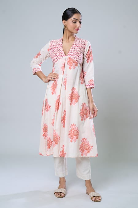 Adara Khan Multi Color Cotton Linen Hand Block Printed Floral V Neck Kurta