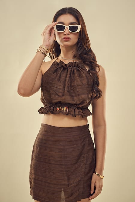 Shop_Affroz_Brown Silk Embroidery Halter Neck Crop Top And Skort Set 