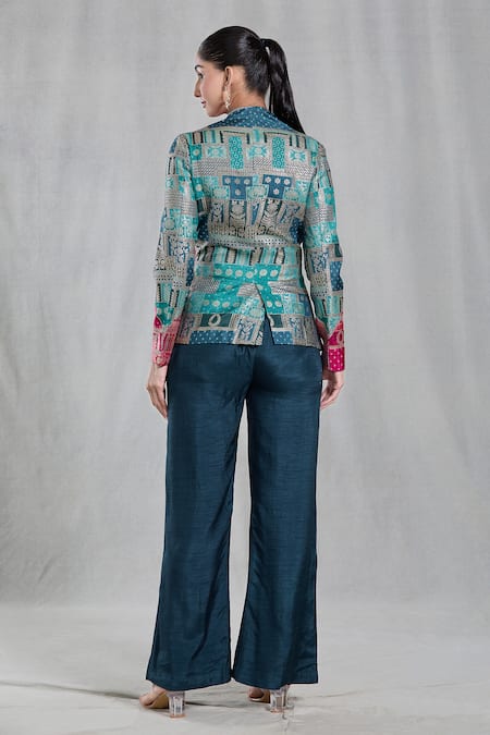 Shop_Samyukta Singhania_Multi Color Silk Embroidery Square Neck, Woven Mosaic Pattern Jacket Pant Set _at_Aza_Fashions