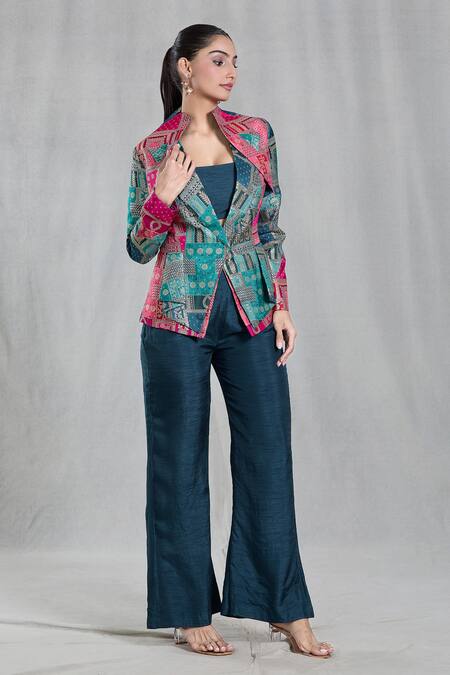 Shop_Samyukta Singhania_Multi Color Silk Embroidery Square Neck, Woven Mosaic Pattern Jacket Pant Set _Online_at_Aza_Fashions