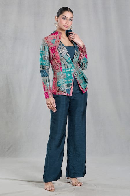 Samyukta Singhania_Multi Color Silk Embroidery Square Neck, Woven Mosaic Pattern Jacket Pant Set _at_Aza_Fashions