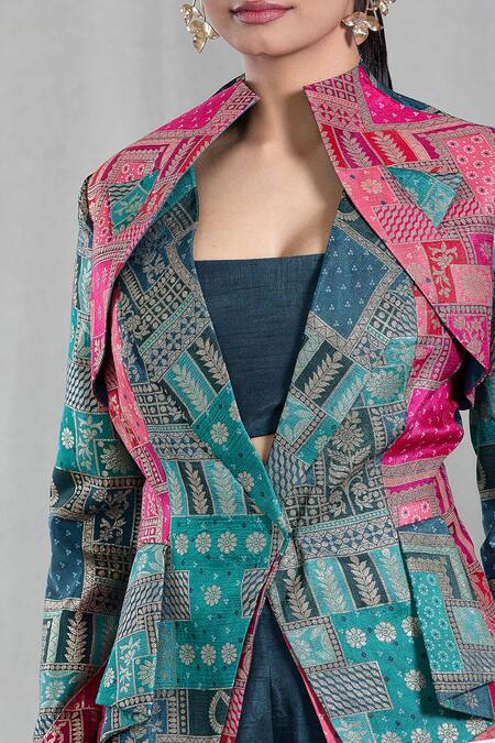 Buy_Samyukta Singhania_Multi Color Silk Embroidery Square Neck, Woven Mosaic Pattern Jacket Pant Set 