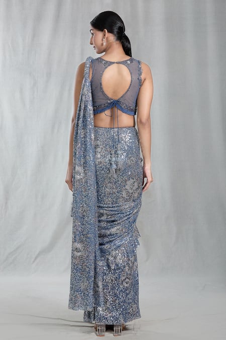 Shop_Samyukta Singhania_Blue Sequins Split V-neck Pre-draped Ruffle Saree With Blouse _at_Aza_Fashions