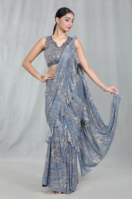 Buy_Samyukta Singhania_Blue Sequins Split V-neck Pre-draped Ruffle Saree With Blouse _Online_at_Aza_Fashions