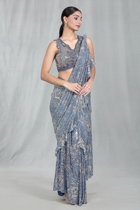 Shop_Samyukta Singhania_Blue Sequins Split V-neck Pre-draped Ruffle Saree With Blouse _Online_at_Aza_Fashions
