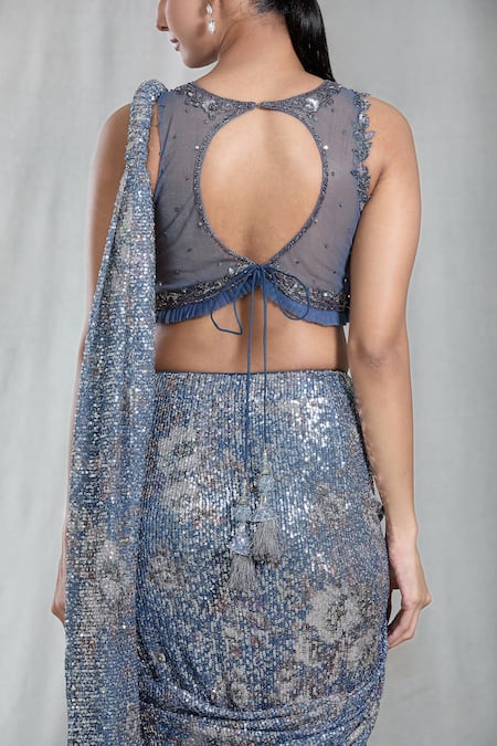 Samyukta Singhania_Blue Sequins Split V-neck Pre-draped Ruffle Saree With Blouse _at_Aza_Fashions