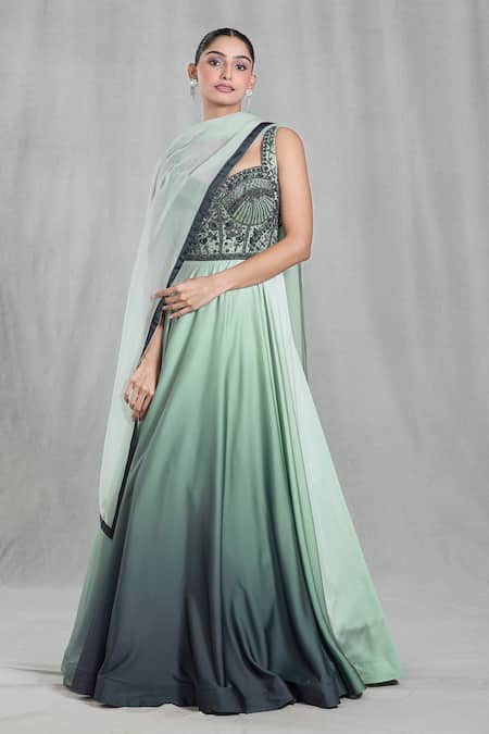 Buy_Samyukta Singhania_Green Satin, Organza Beads V-neck Shaded Embellished Anarkali With Dupatta_Online_at_Aza_Fashions