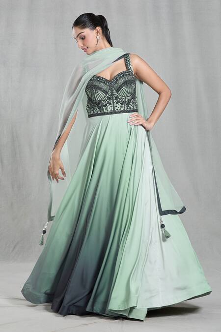 Shop_Samyukta Singhania_Green Satin, Organza Beads V-neck Shaded Embellished Anarkali With Dupatta_Online_at_Aza_Fashions