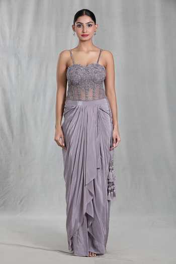 Samyukta Singhania_Purple Net, Chiffon Sequins, Beads Embellished Scalloped Poncho Cape Skirt Set_Online_at_Aza_Fashions
