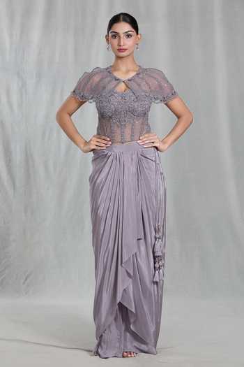 Shop_Samyukta Singhania_Purple Net, Chiffon Sequins, Beads Embellished Scalloped Poncho Cape Skirt Set_Online_at_Aza_Fashions