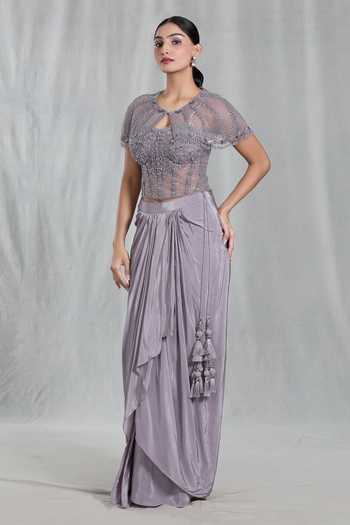 Samyukta Singhania_Purple Net, Chiffon Sequins, Beads Embellished Scalloped Poncho Cape Skirt Set_at_Aza_Fashions
