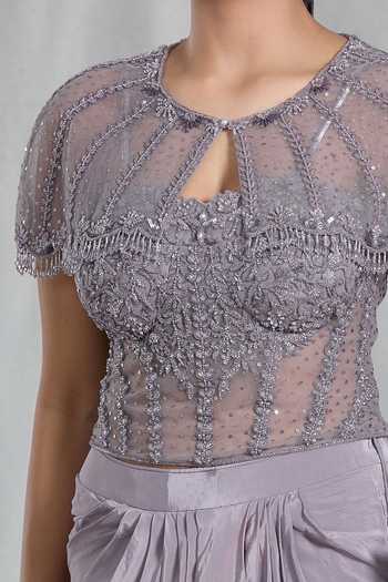 Buy_Samyukta Singhania_Purple Net, Chiffon Sequins, Beads Embellished Scalloped Poncho Cape Skirt Set