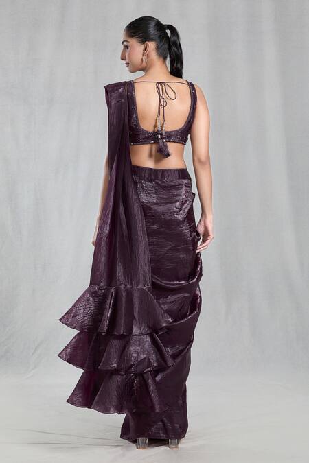 Shop Samyukta Singhania Magenta Silk Sequins Asymmetric Metallic Pre-draped Saree With Blouse at Aza Fashions Shop_Samyukta Singhania_Magenta Silk Sequins Asymmetric Metallic Pre-draped Saree With Blouse_at_Aza_Fashions