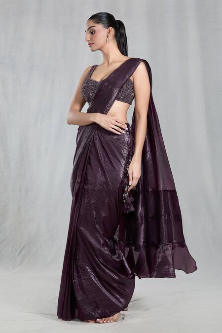 Samyukta Singhania Magenta Silk Sequins Asymmetric Metallic Pre-draped Saree With Blouse Online at Aza Fashions Samyukta Singhania_Magenta Silk Sequins Asymmetric Metallic Pre-draped Saree With Blouse_Online_at_Aza_Fashions