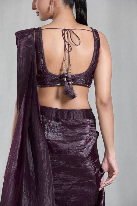 Shop Samyukta Singhania Magenta Silk Sequins Asymmetric Metallic Pre-draped Saree With Blouse Online at Aza Fashions Shop_Samyukta Singhania_Magenta Silk Sequins Asymmetric Metallic Pre-draped Saree With Blouse_Online_at_Aza_Fashions