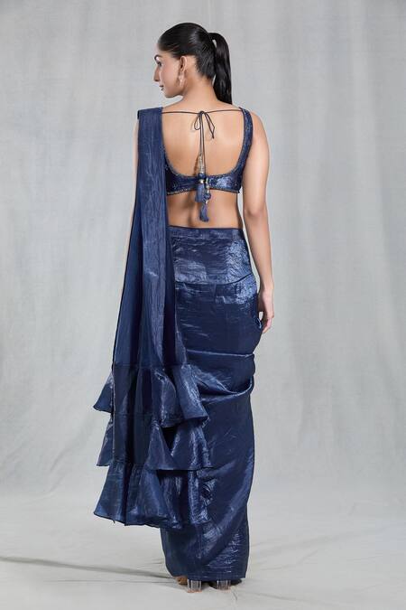 Shop Samyukta Singhania Blue Silk Sequins Asymmetric Textured Metallic Pre-draped Saree With Blouse at Aza Fashions Shop_Samyukta Singhania_Blue Silk Sequins Asymmetric Textured Metallic Pre-draped Saree With Blouse_at_Aza_Fashions