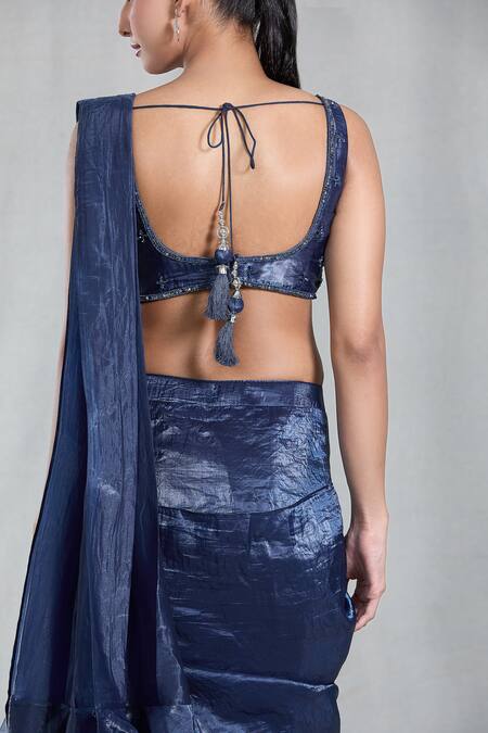Samyukta Singhania Blue Silk Sequins Asymmetric Textured Metallic Pre-draped Saree With Blouse Online at Aza Fashions Samyukta Singhania_Blue Silk Sequins Asymmetric Textured Metallic Pre-draped Saree With Blouse_Online_at_Aza_Fashions