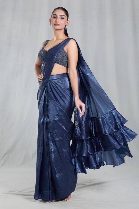 Buy Samyukta Singhania Blue Silk Sequins Asymmetric Textured Metallic Pre-draped Saree With Blouse Online at Aza Fashions Buy_Samyukta Singhania_Blue Silk Sequins Asymmetric Textured Metallic Pre-draped Saree With Blouse_Online_at_Aza_Fashions