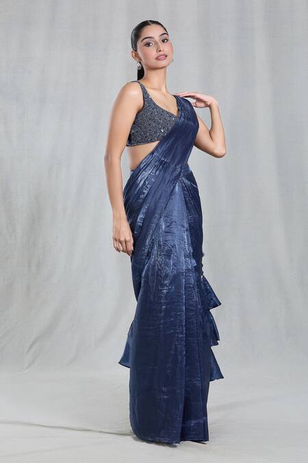 Shop Samyukta Singhania Blue Silk Sequins Asymmetric Textured Metallic Pre-draped Saree With Blouse Online at Aza Fashions Shop_Samyukta Singhania_Blue Silk Sequins Asymmetric Textured Metallic Pre-draped Saree With Blouse_Online_at_Aza_Fashions