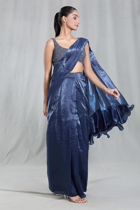 Samyukta Singhania Blue Silk Sequins Asymmetric Textured Metallic Pre-draped Saree With Blouse at Aza Fashions Samyukta Singhania_Blue Silk Sequins Asymmetric Textured Metallic Pre-draped Saree With Blouse_at_Aza_Fashions